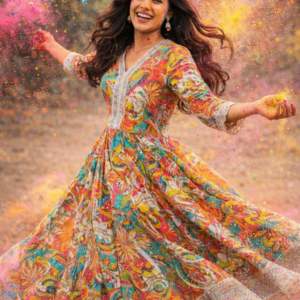 Home multicolor printed anarkali suit set with soft white dupatta