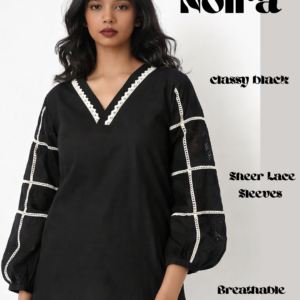 black v neck straight kurti with chicken net sleeves