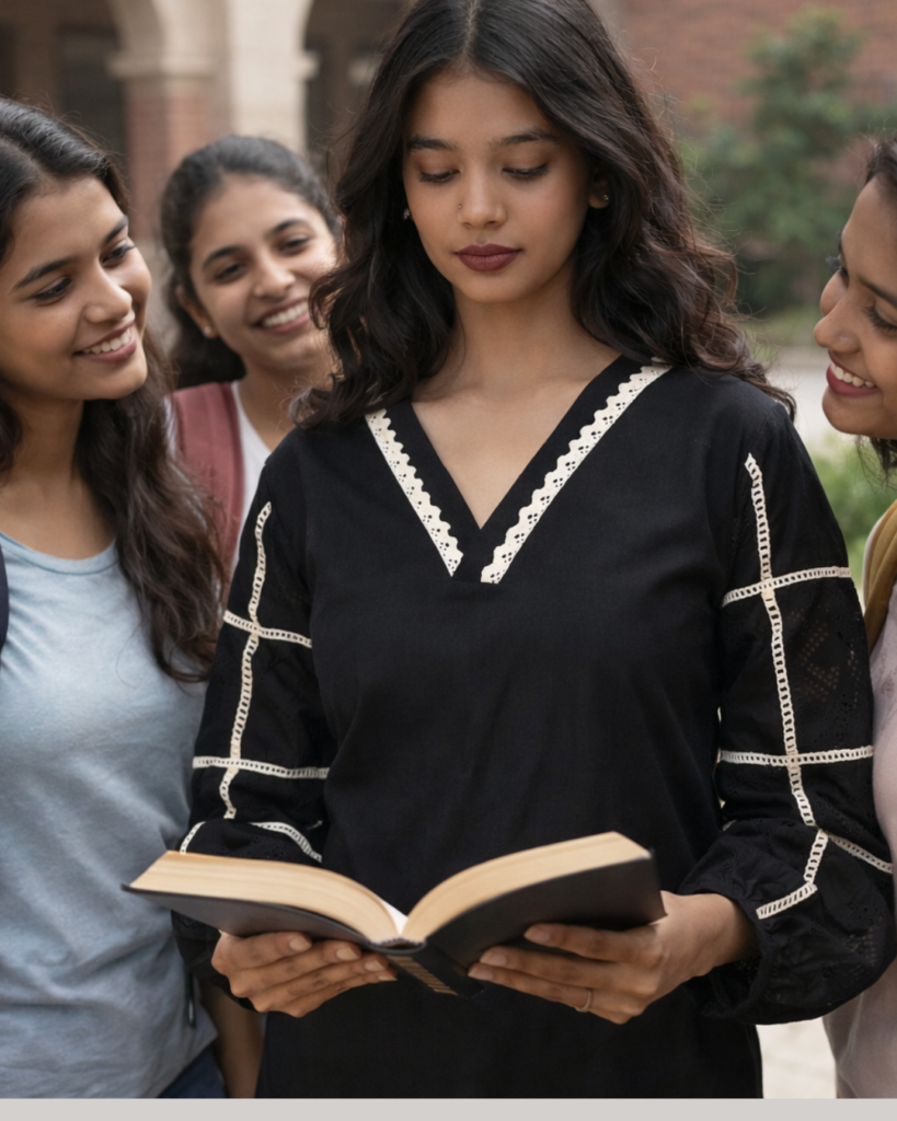black v neck straight kurti with chicken net sleeves
