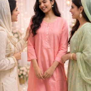 Home peach pink solid cotton kurta with lace detailing