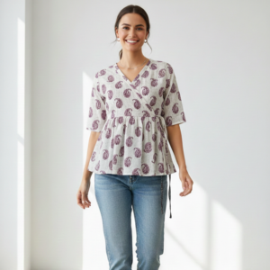 Grey Paisley Print Wrap Style Peplum Top