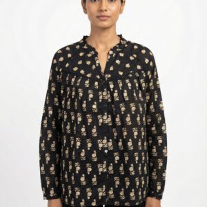 Black Printed Cotton Top with Button Detail