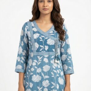 Home Sky Blue Floral Printed Cotton Kurta with Dupatta